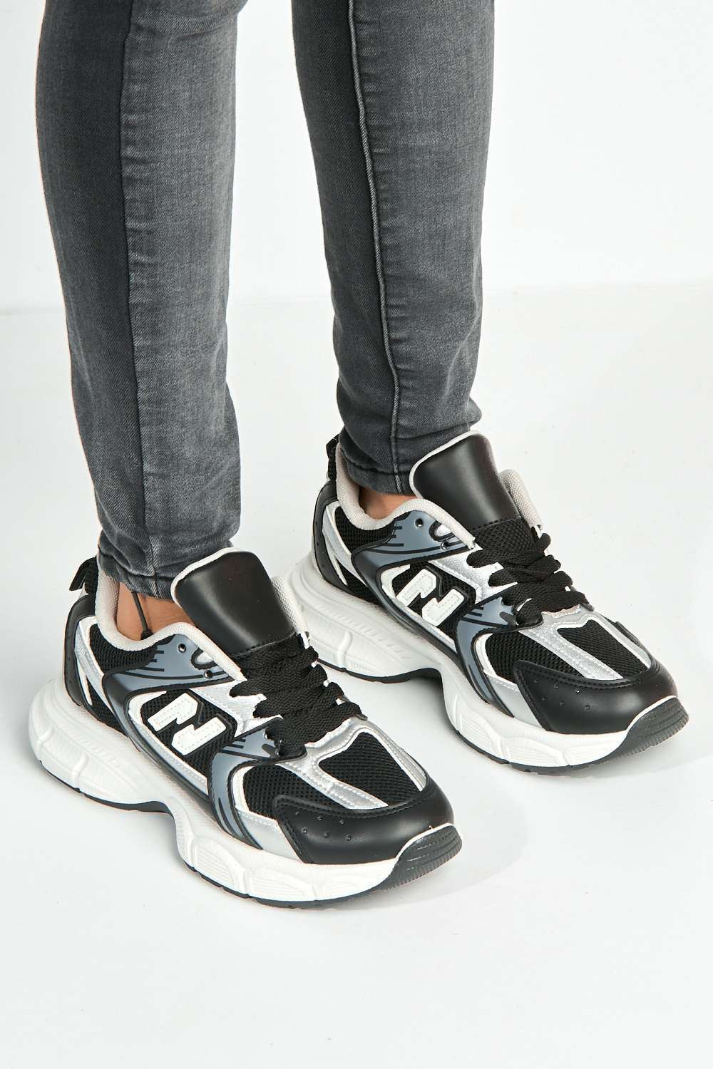 Nina Patterned Chunky Sole Trainers in Black - Image 2