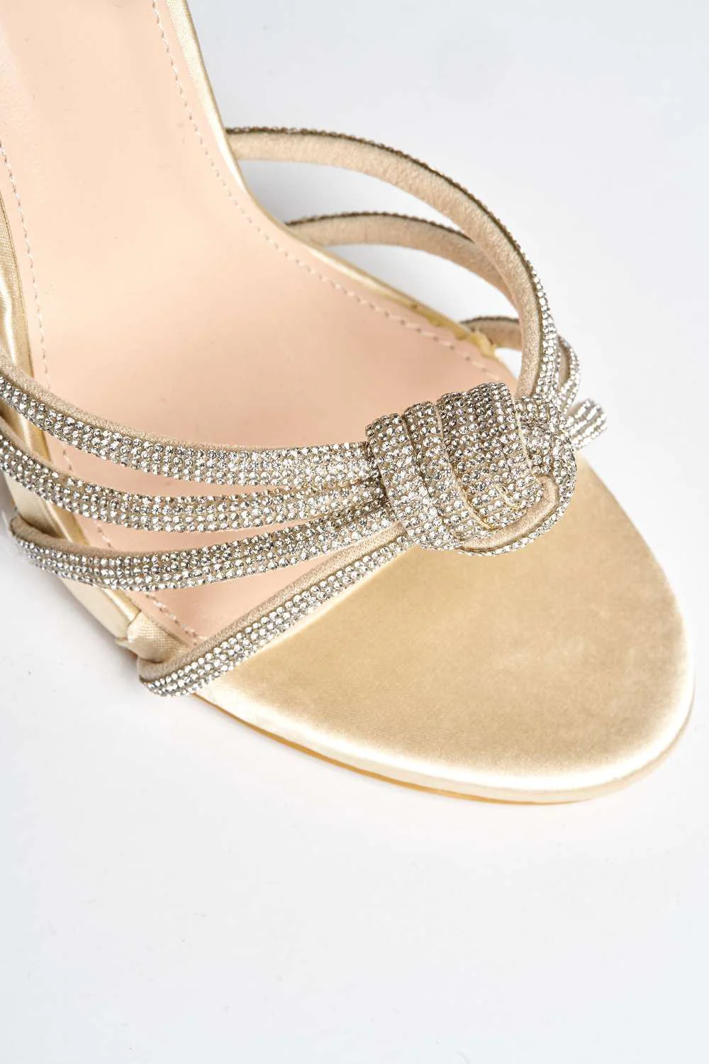 Nodia Diamante Embellished Knot Detail Ankle Strap Heeled Sandals in Beige Satin - Image 5
