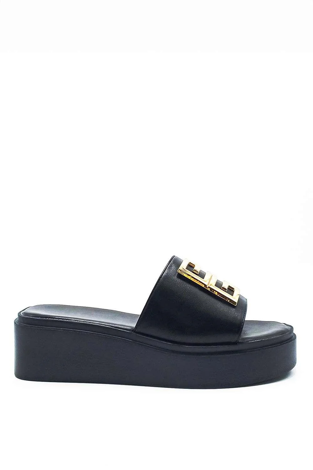 Noemi C Shaped Gold Broach Large Band Flatform Sliders in Black - Image 2