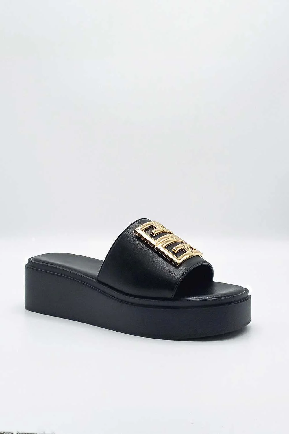 Noemi C Shaped Gold Broach Large Band Flatform Sliders in Black - Image 3