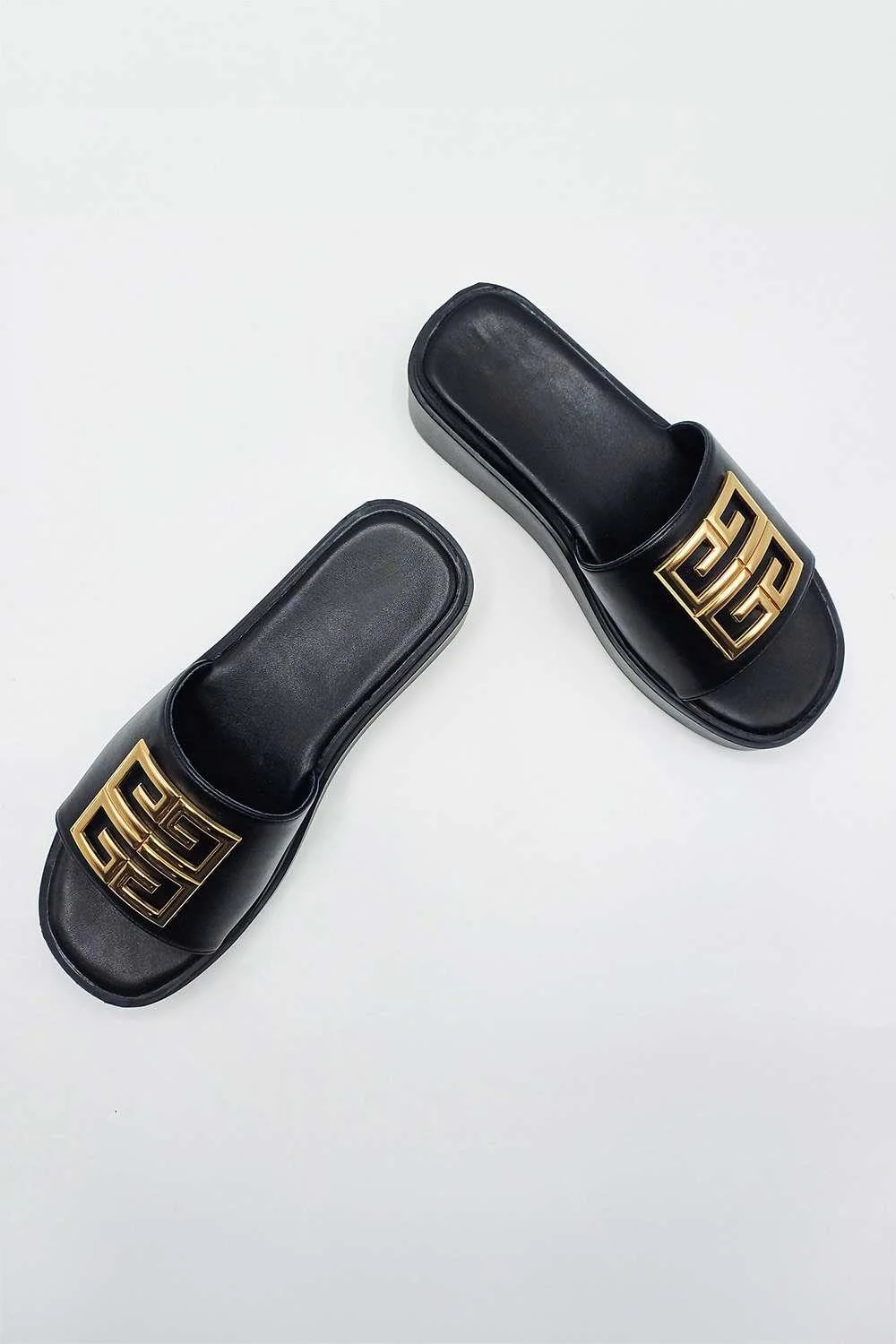 Noemi C Shaped Gold Broach Large Band Flatform Sliders in Black - Image 4
