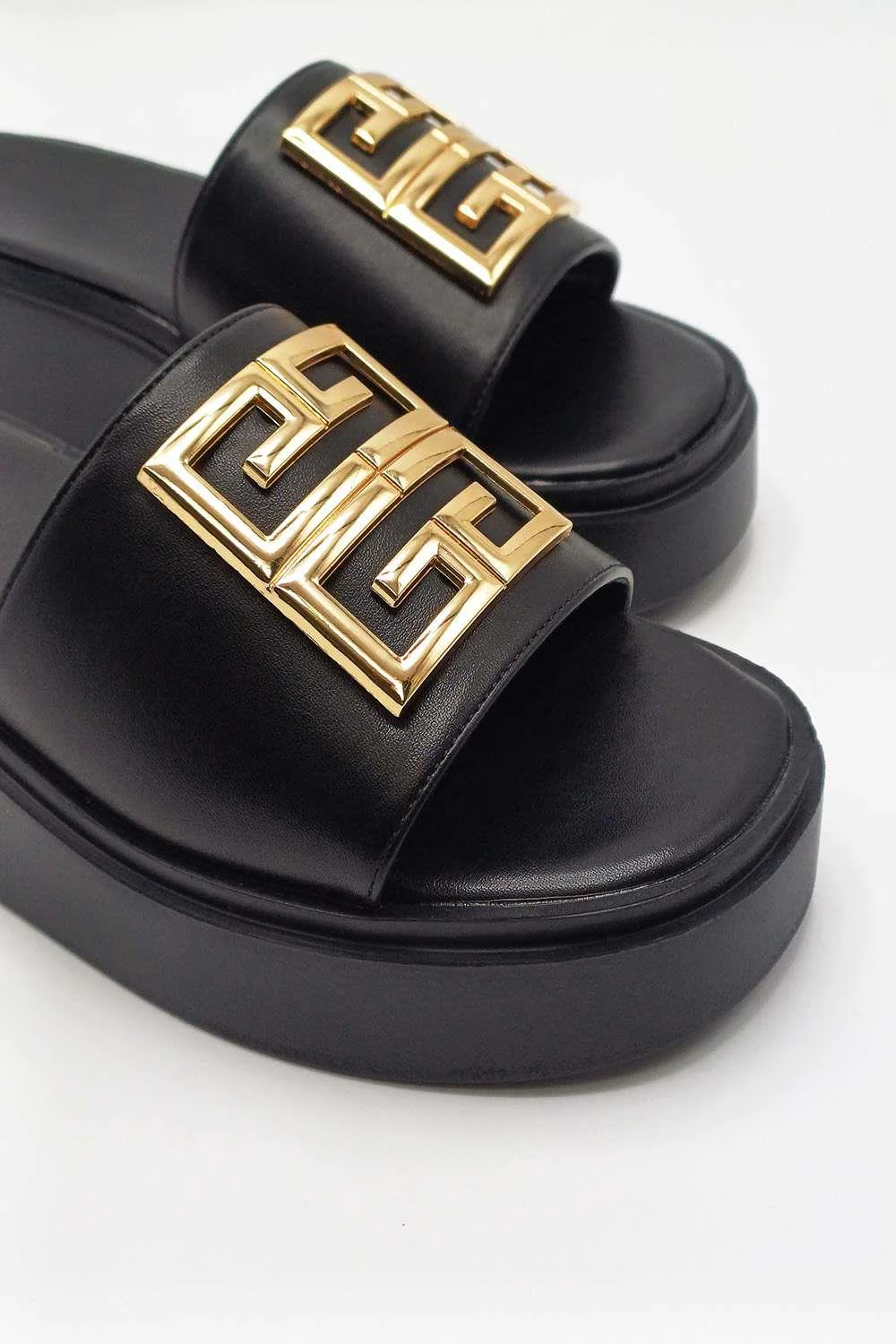 Noemi C Shaped Gold Broach Large Band Flatform Sliders in Black - Image 5