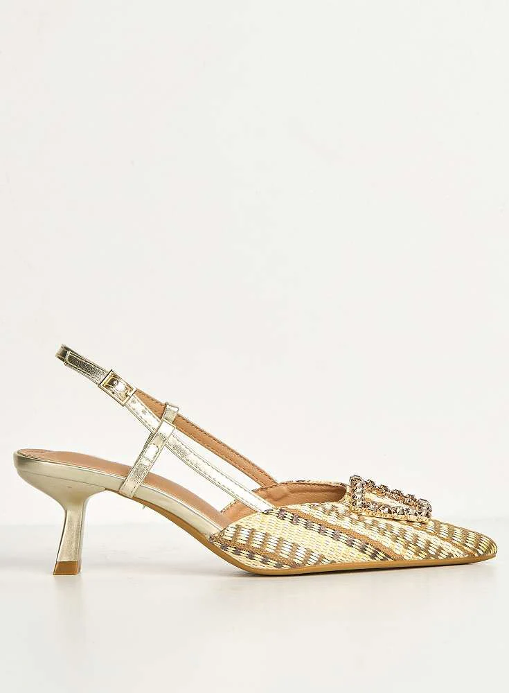 Nora Brooch Detail Textured Slingback Court Shoes in Gold - Image 6