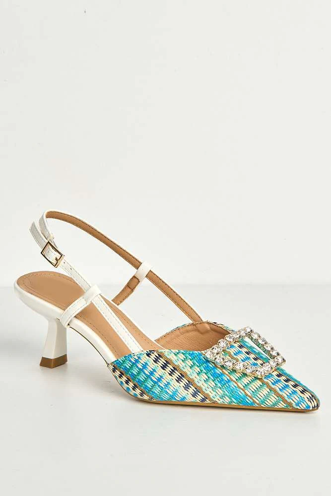Nora Brooch Detail Textured Slingback Court Shoes in White - Image 4