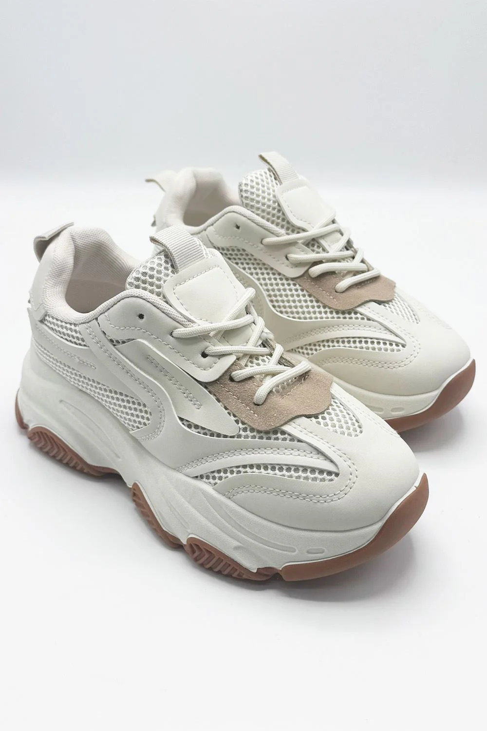 Nyla Chunky Sole Lace-Up Mesh Panel Trainers in Beige