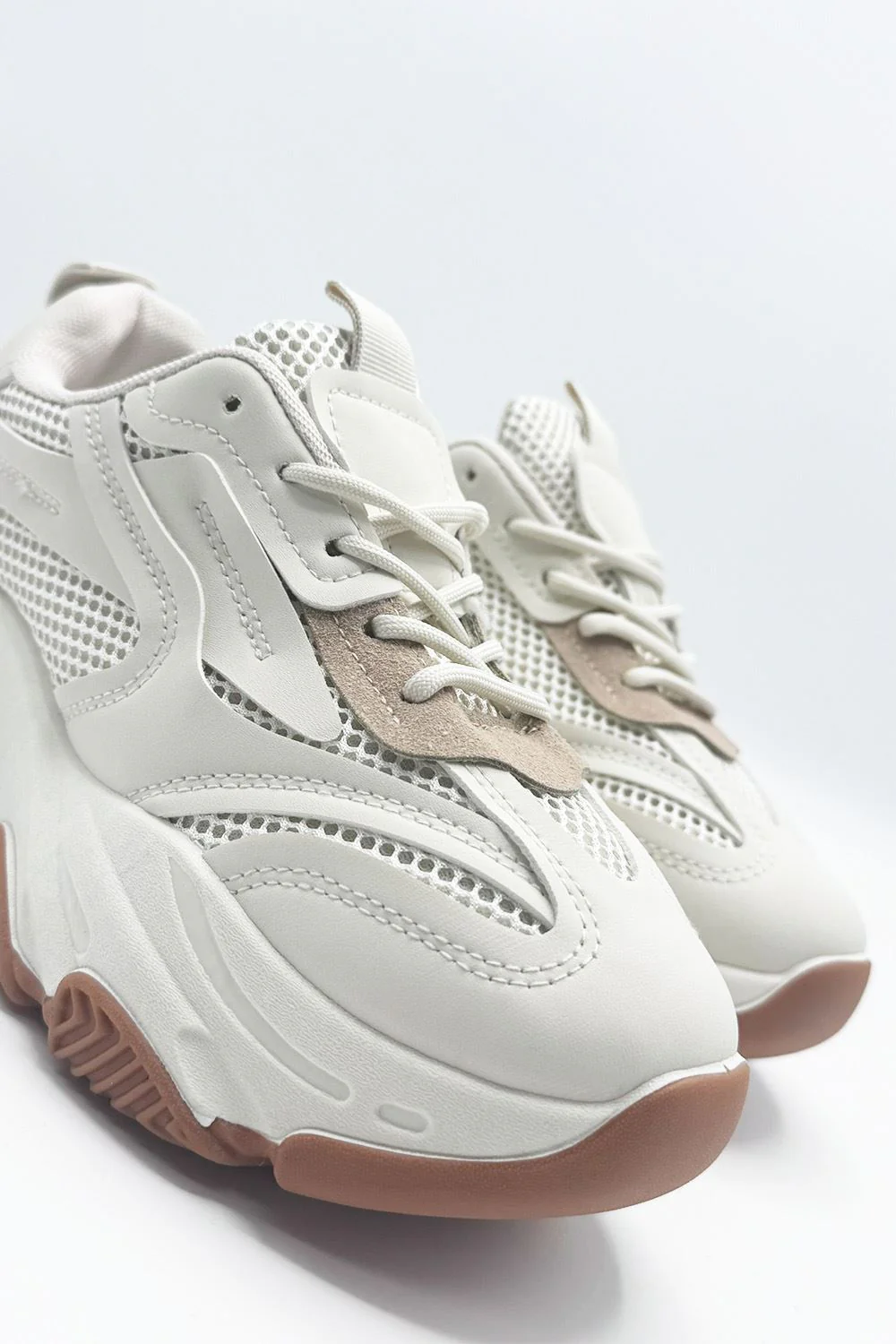 Nyla Chunky Sole Lace-Up Mesh Panel Trainers in Beige - Image 3