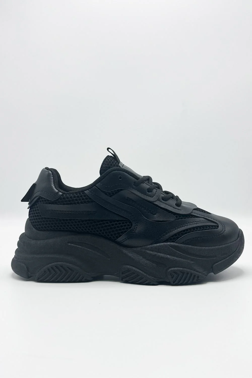 Nyla Chunky Sole Lace-Up Mesh Panel Trainers in Black - Image 2