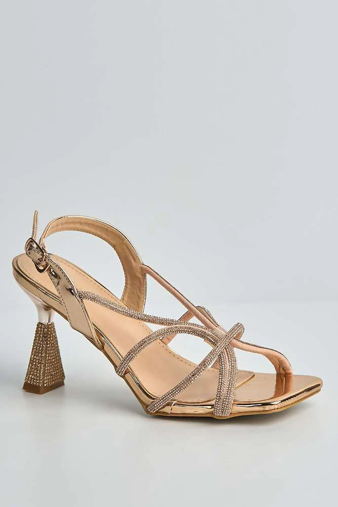 Odessa 5 Diamante Embellished Spool & Straps Heeled Sandals in Rose Gold - Image 4