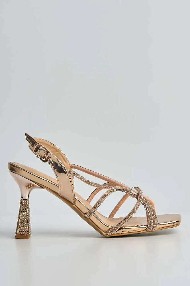Odessa 5 Diamante Embellished Spool & Straps Heeled Sandals in Rose Gold - Image 6