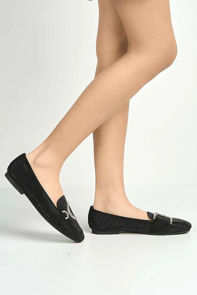 Ondina Gemstone Embellished D Link Flat Loafers in Black - Image 3