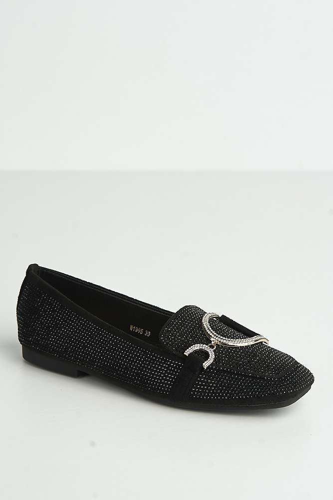Ondina Gemstone Embellished D Link Flat Loafers in Black - Image 4