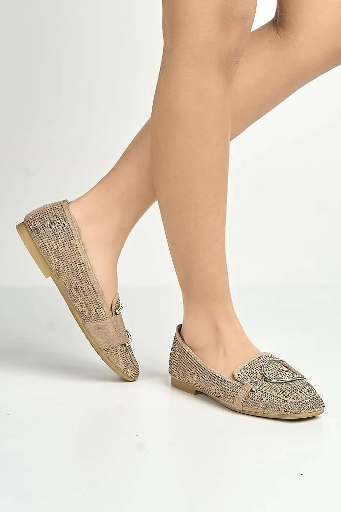 Ondina Gemstone Embellished D Link Flat Loafers in Taupe - Image 2