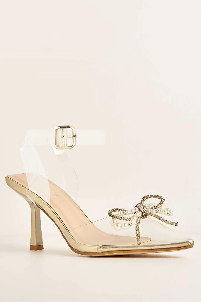 Orkide Diamante Bow and Pearl Detail Perspex Court Shoes in Gold - Image 4