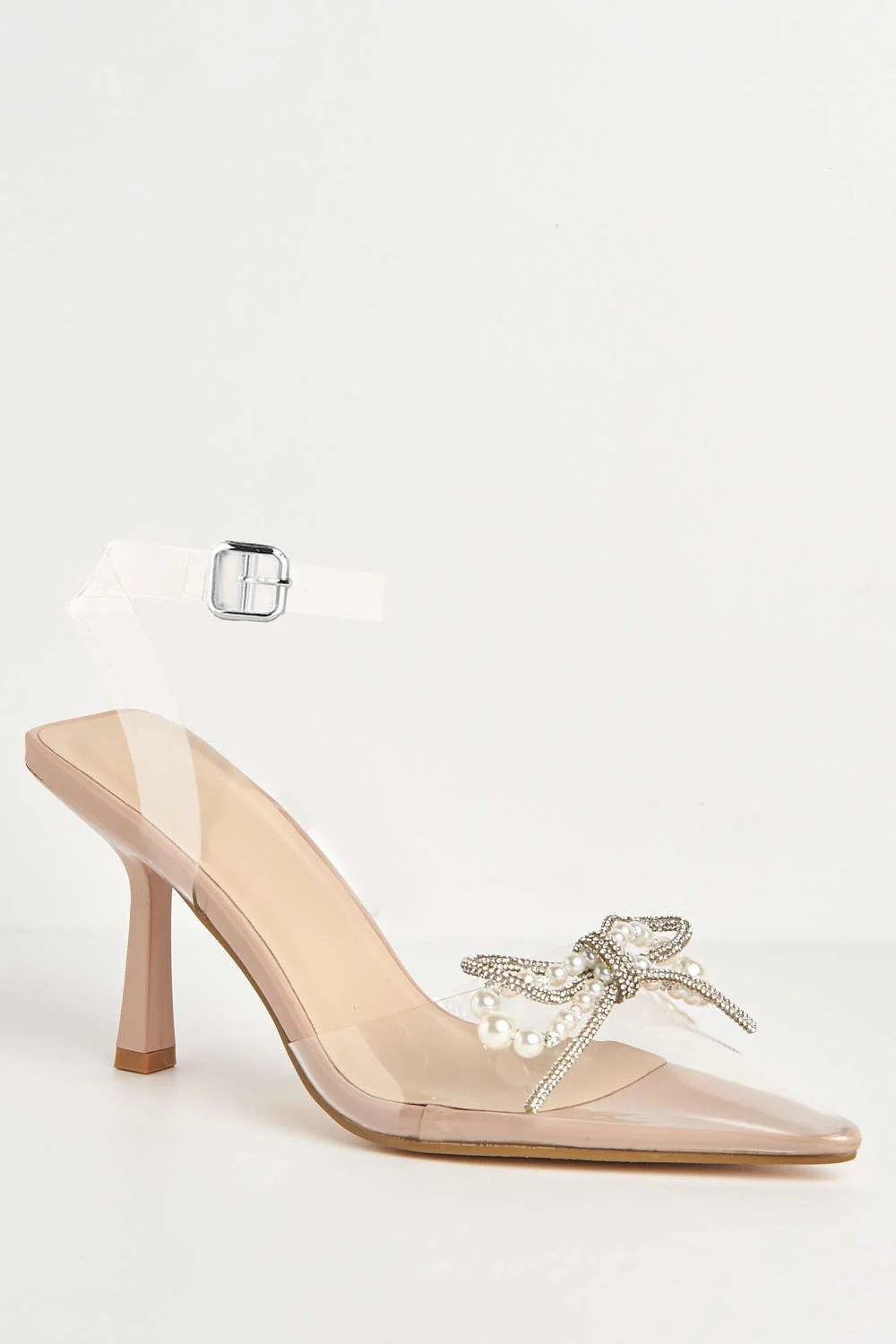 Orkide Diamante Bow and Pearl Detail Perspex Court Shoes in Nude Patent - Image 3