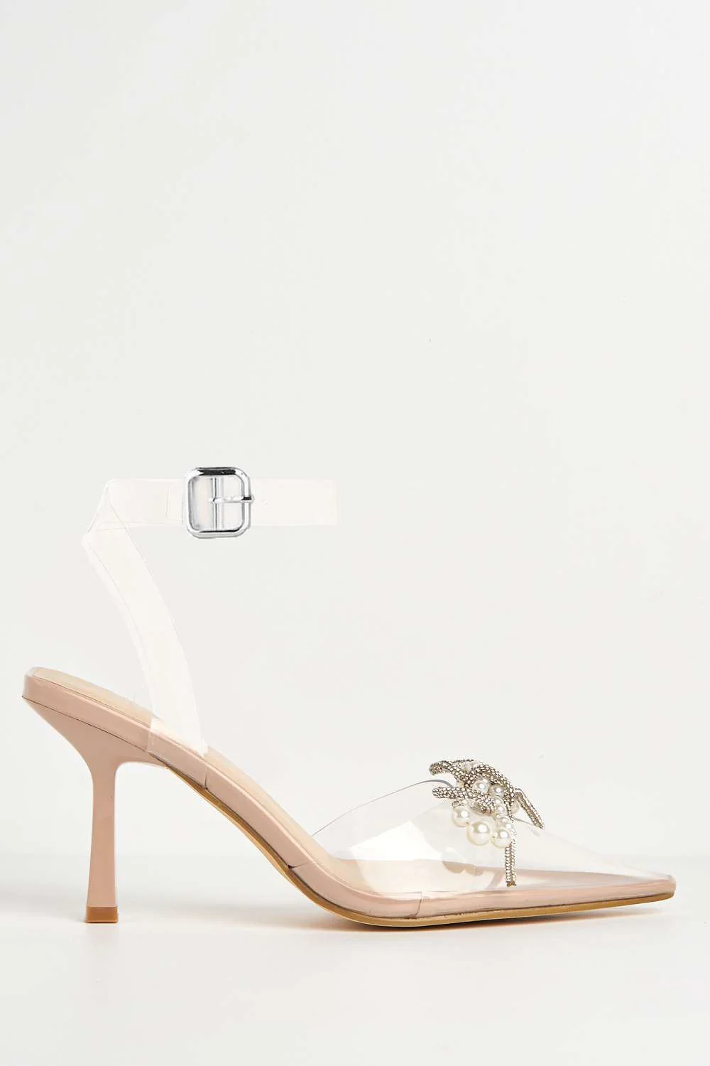 Orkide Diamante Bow and Pearl Detail Perspex Court Shoes in Nude Patent - Image 4
