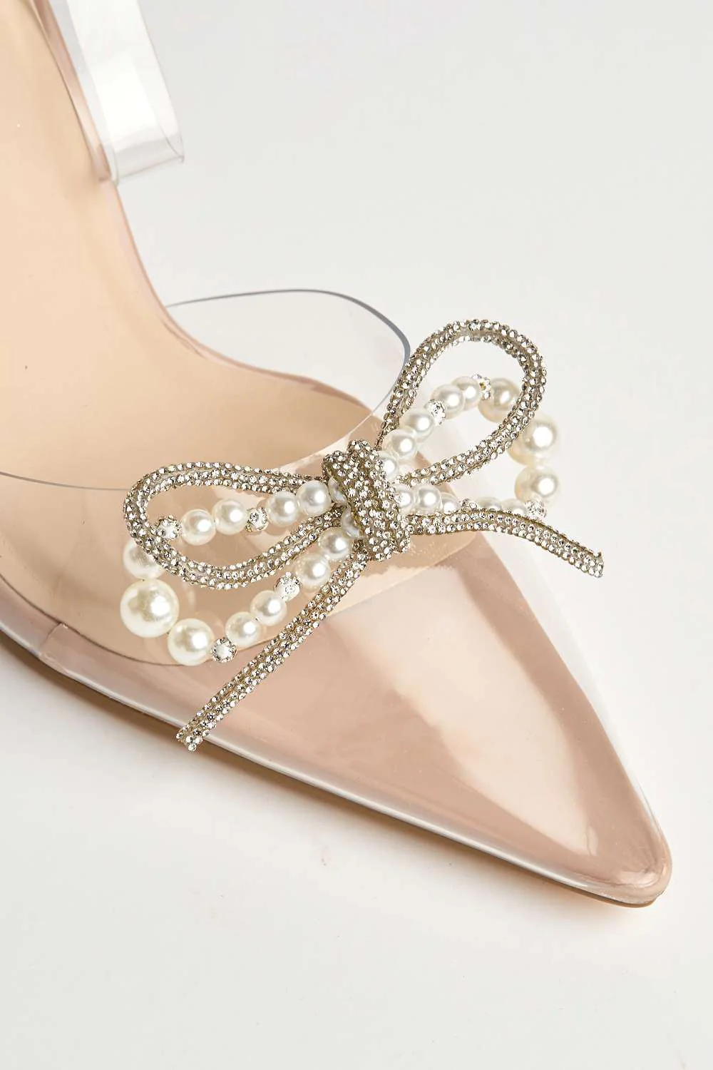 Orkide Diamante Bow and Pearl Detail Perspex Court Shoes in Nude Patent - Image 5