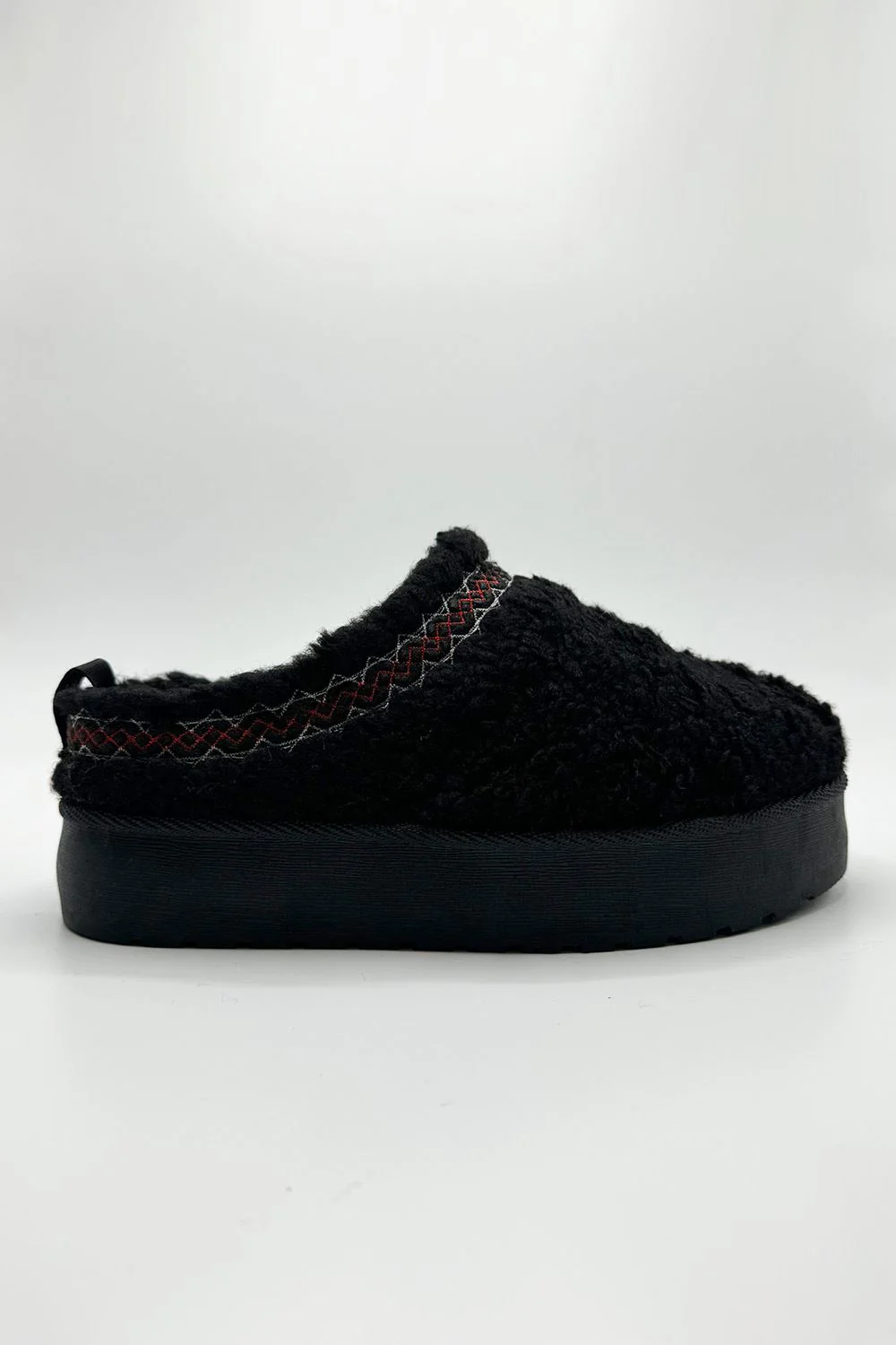 Ovellas Teddy Fabric Flatform Cosy Slippers in Black - Image 2