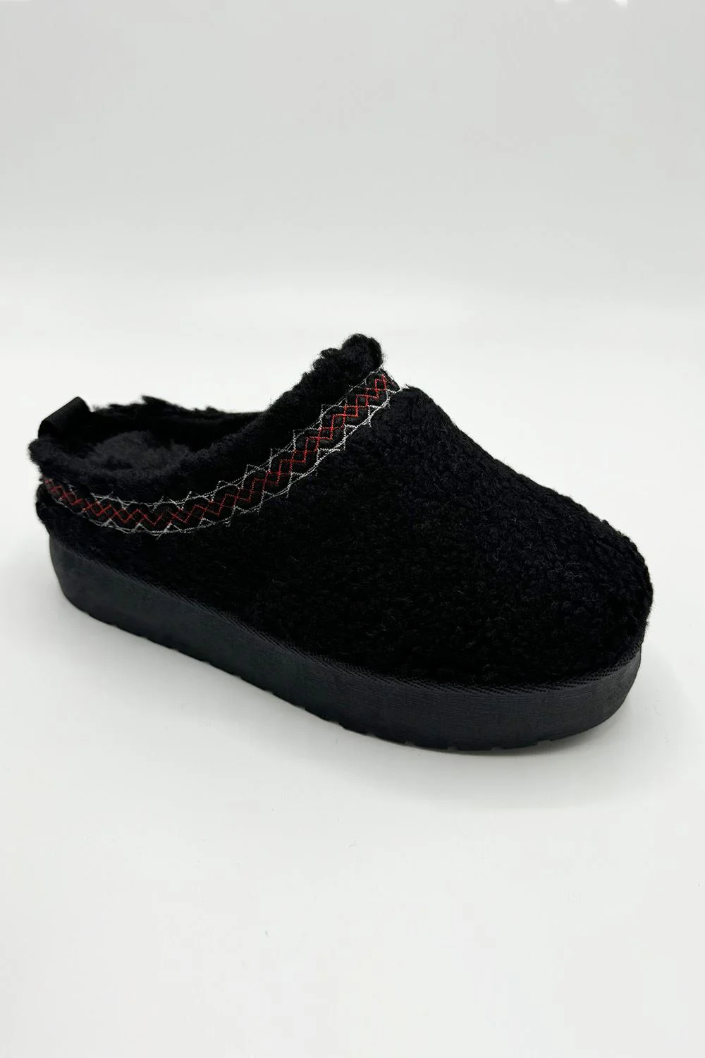 Ovellas Teddy Fabric Flatform Cosy Slippers in Black - Image 3