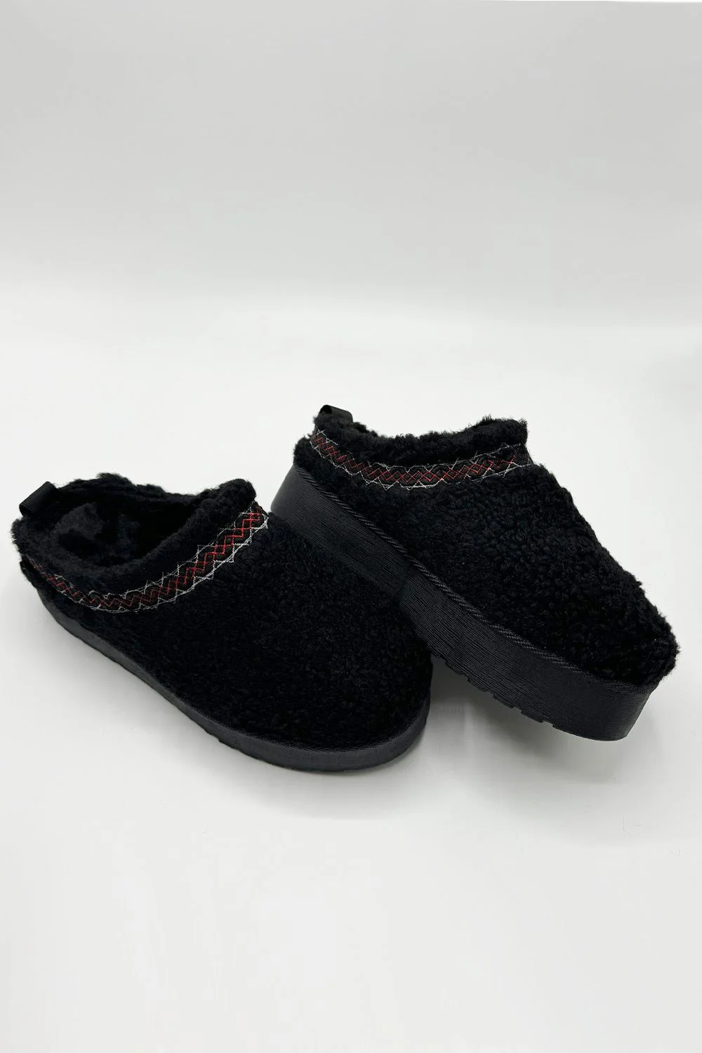Ovellas Teddy Fabric Flatform Cosy Slippers in Black - Image 4