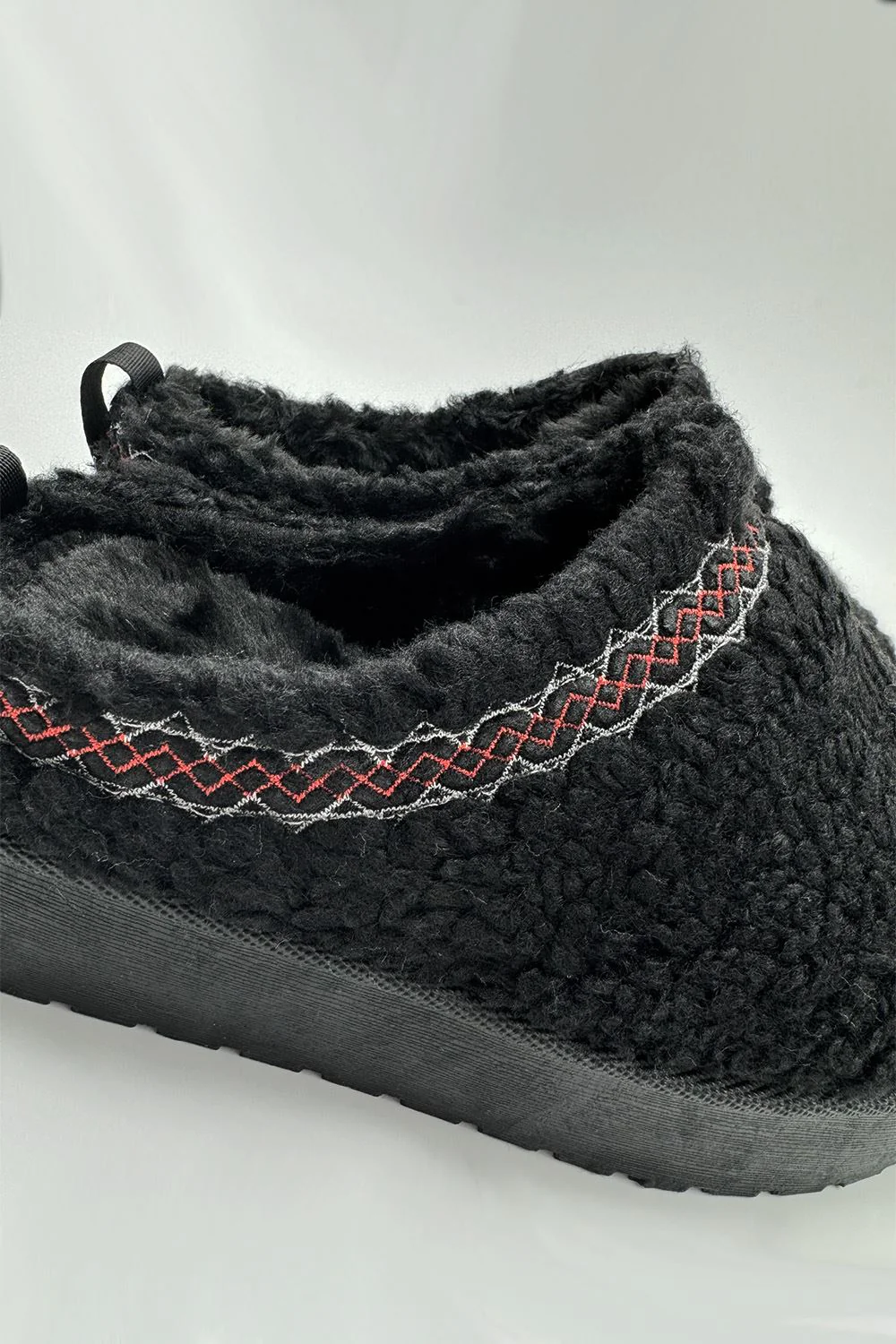 Ovellas Teddy Fabric Flatform Cosy Slippers in Black - Image 5