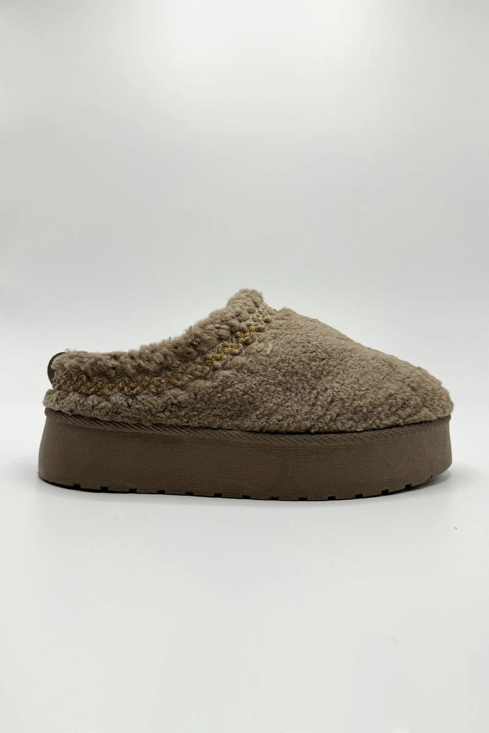 Ovellas Teddy Fabric Flatform Cosy Slippers in Taupe - Image 2