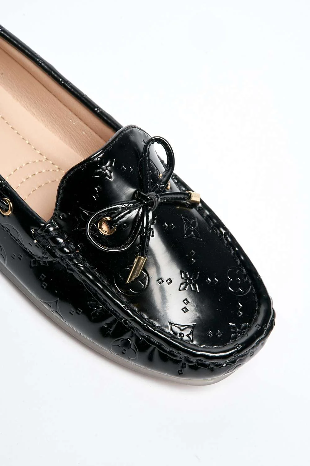 Padee Bow Detail Patterned Flat Loafers in Black - Image 6
