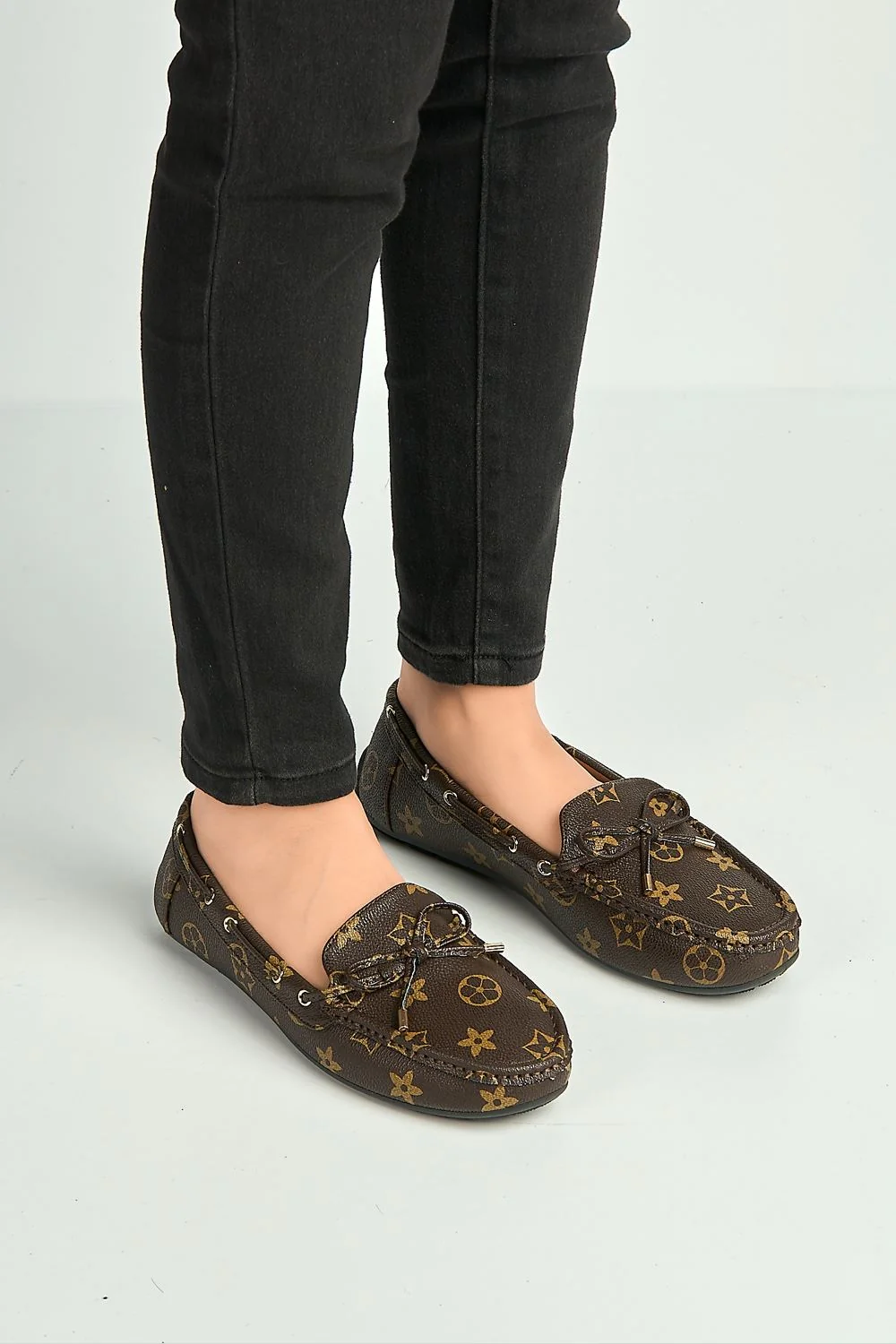 Padee Bow Detail Patterned Flat Loafers in Brown Matt
