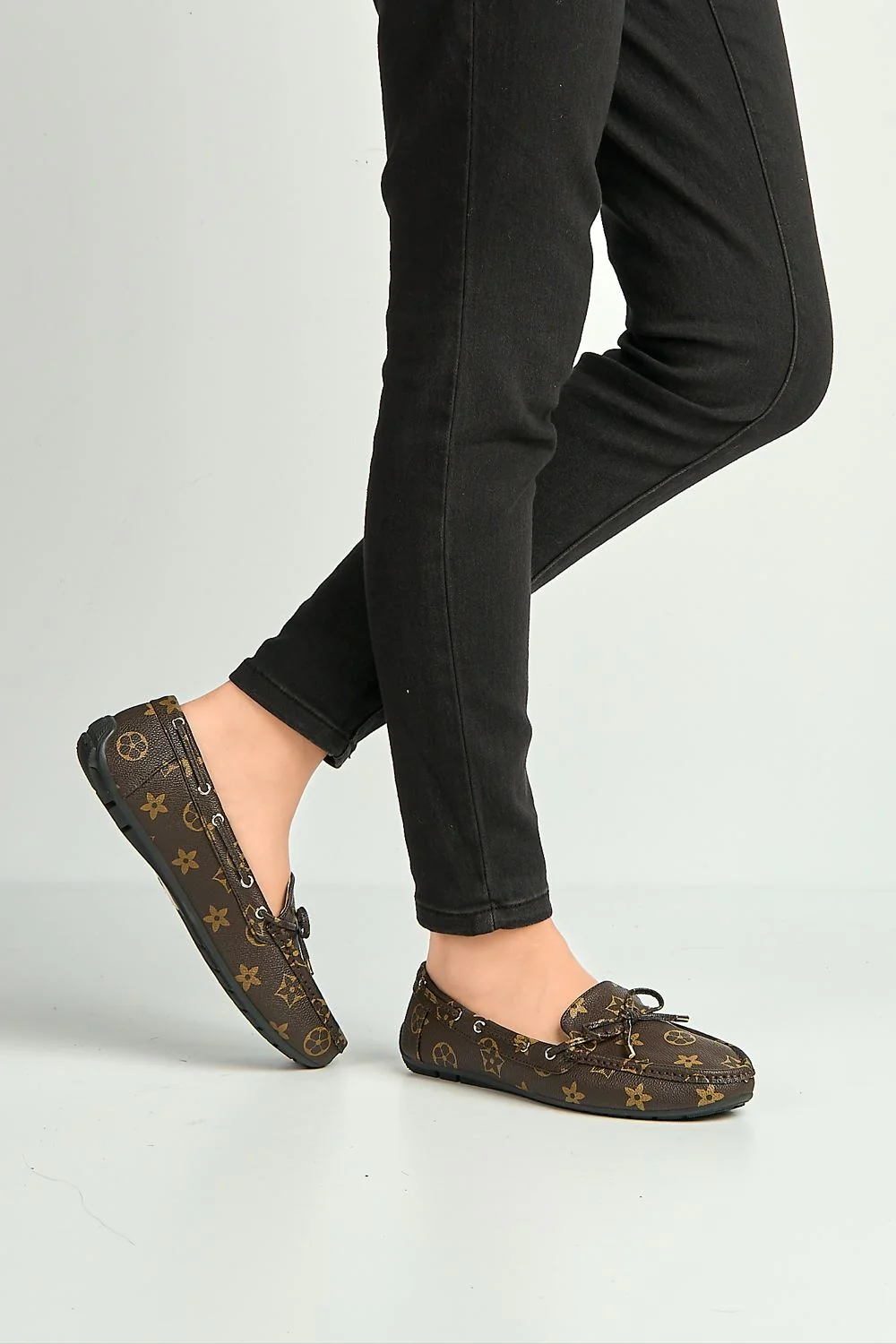 Padee Bow Detail Patterned Flat Loafers in Brown Matt - Image 2