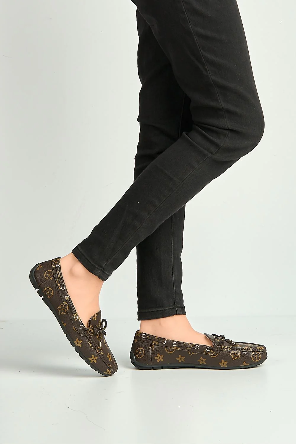 Padee Bow Detail Patterned Flat Loafers in Brown Matt - Image 3