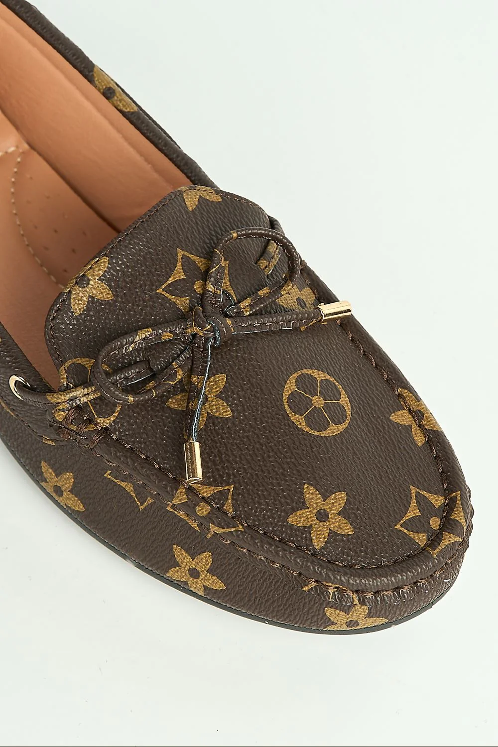 Padee Bow Detail Patterned Flat Loafers in Brown Matt - Image 6