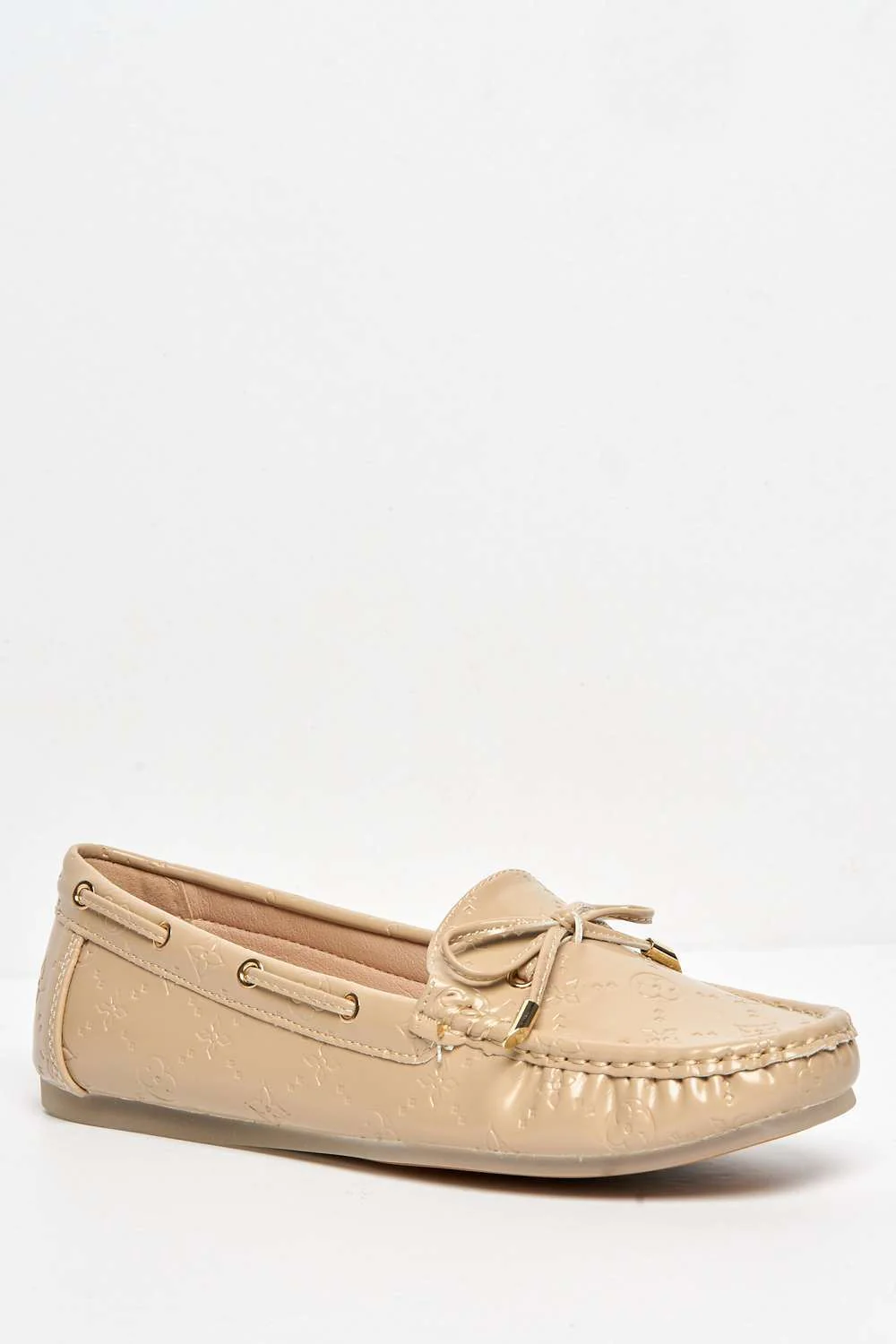 Padee Bow Detail Patterned Flat Loafers in Nude - Image 4