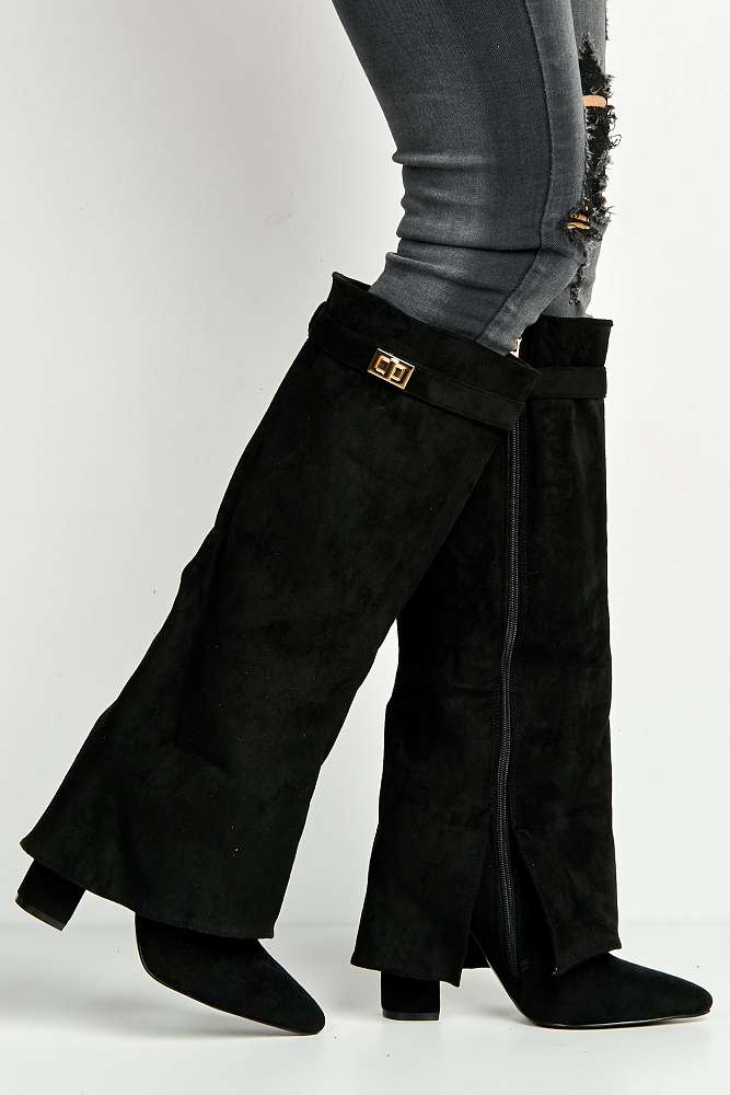 Padma Pointed Toe Block Heel Knee High Boots in Black Suede - Image 2