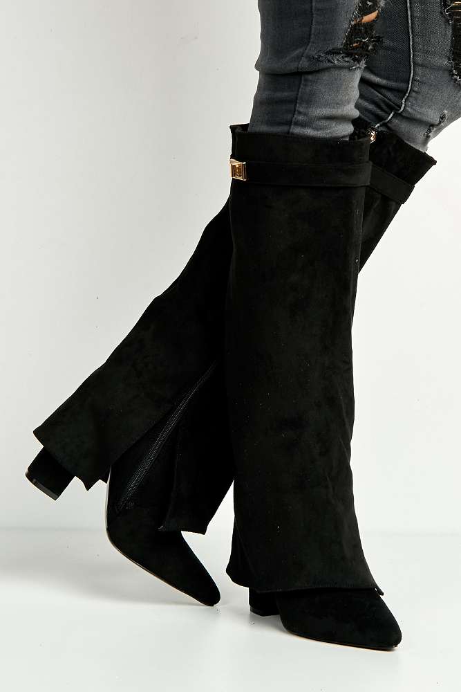 Padma Pointed Toe Block Heel Knee High Boots in Black Suede - Image 3