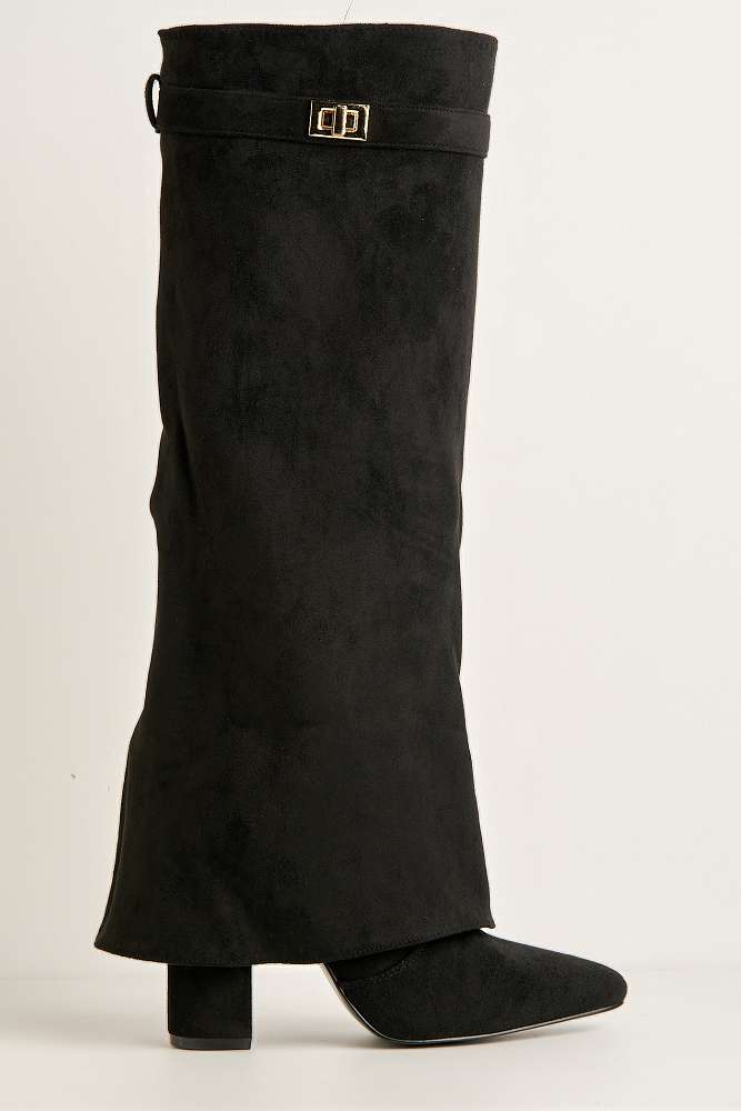 Padma Pointed Toe Block Heel Knee High Boots in Black Suede - Image 4