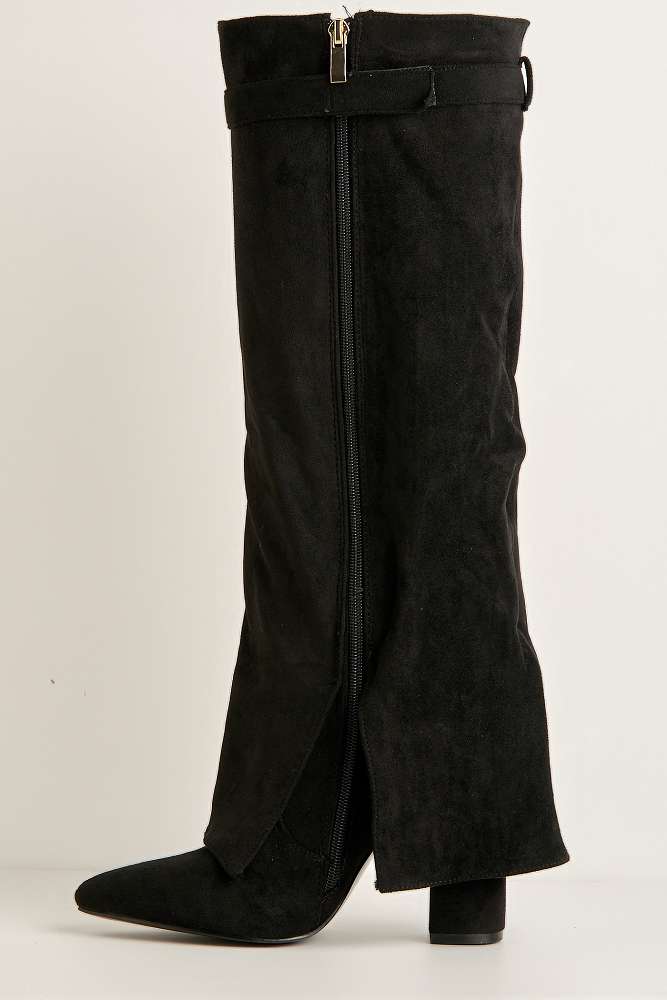 Padma Pointed Toe Block Heel Knee High Boots in Black Suede - Image 5