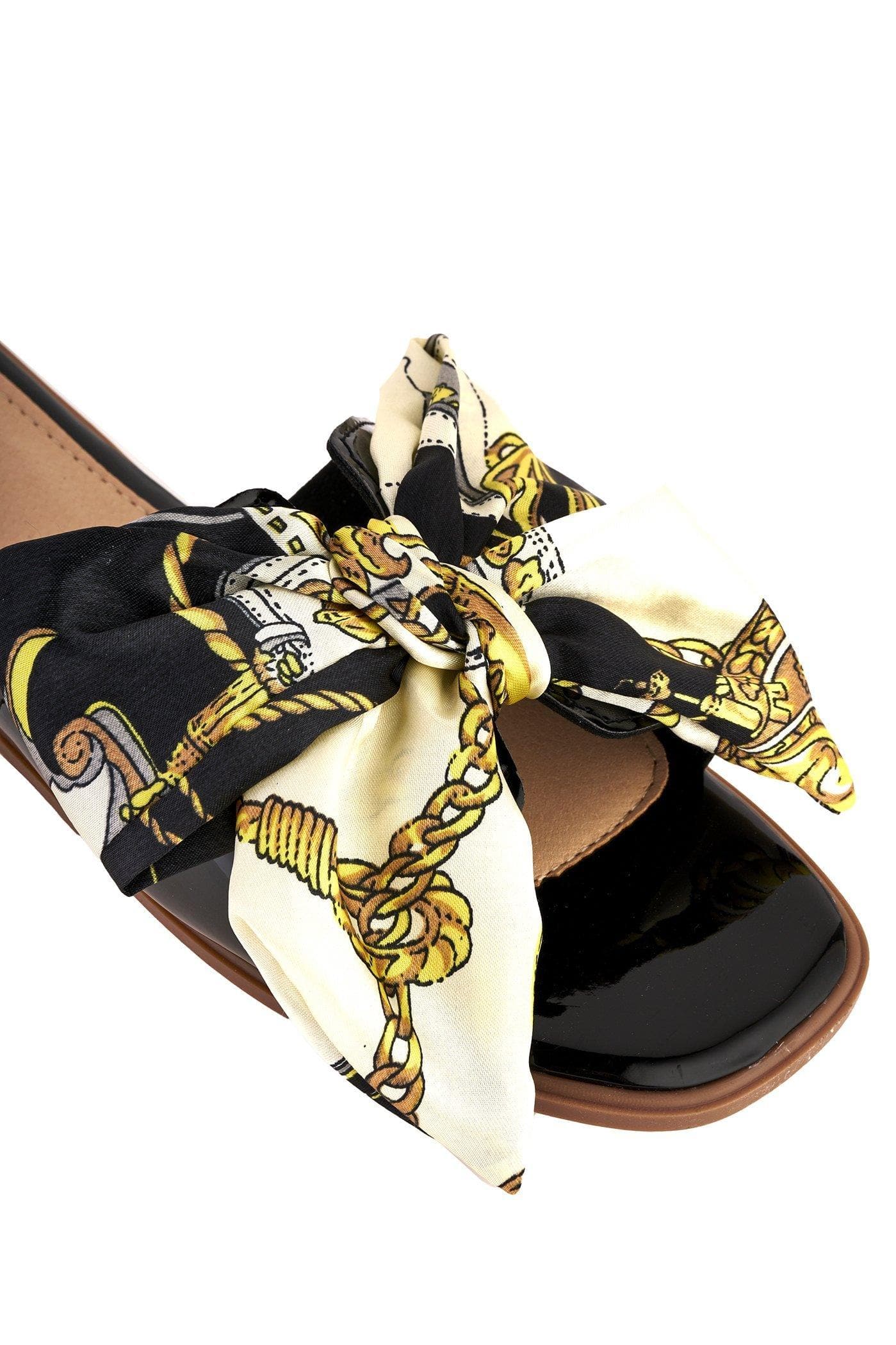 Paris Chain Print Silk Bow Open Toe Flat Sliders in Black - Image 7