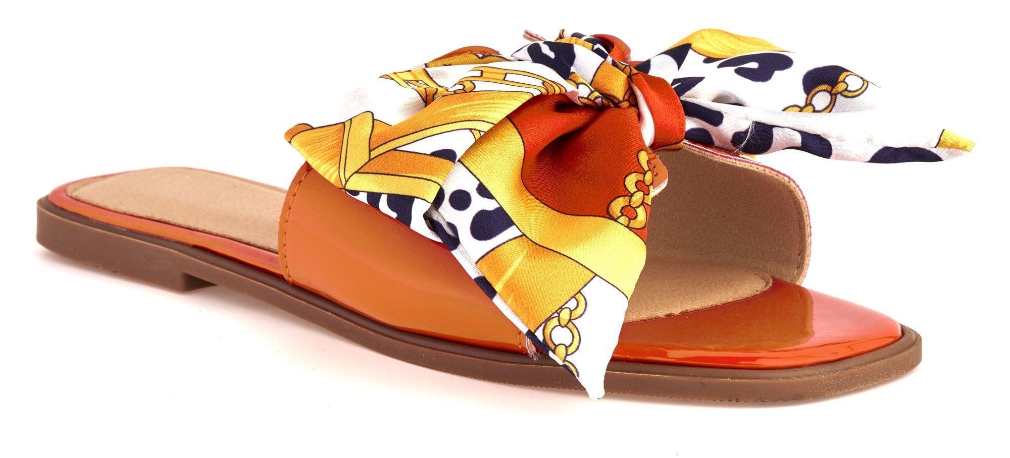 Paris Chain Print Silk Bow Open Toe Flat Sliders in Orange - Image 6