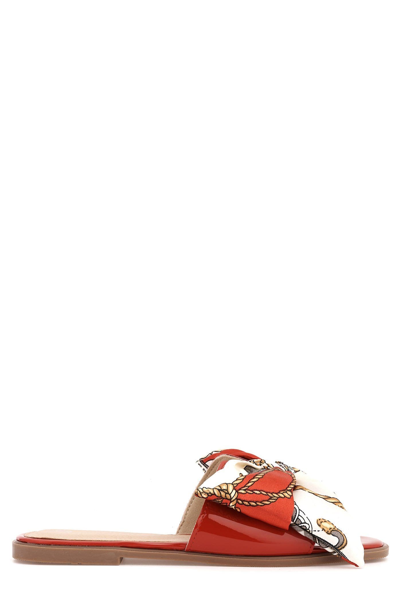 Paris Chain Print Silk Bow Open Toe Flat Sliders in Red - Image 4