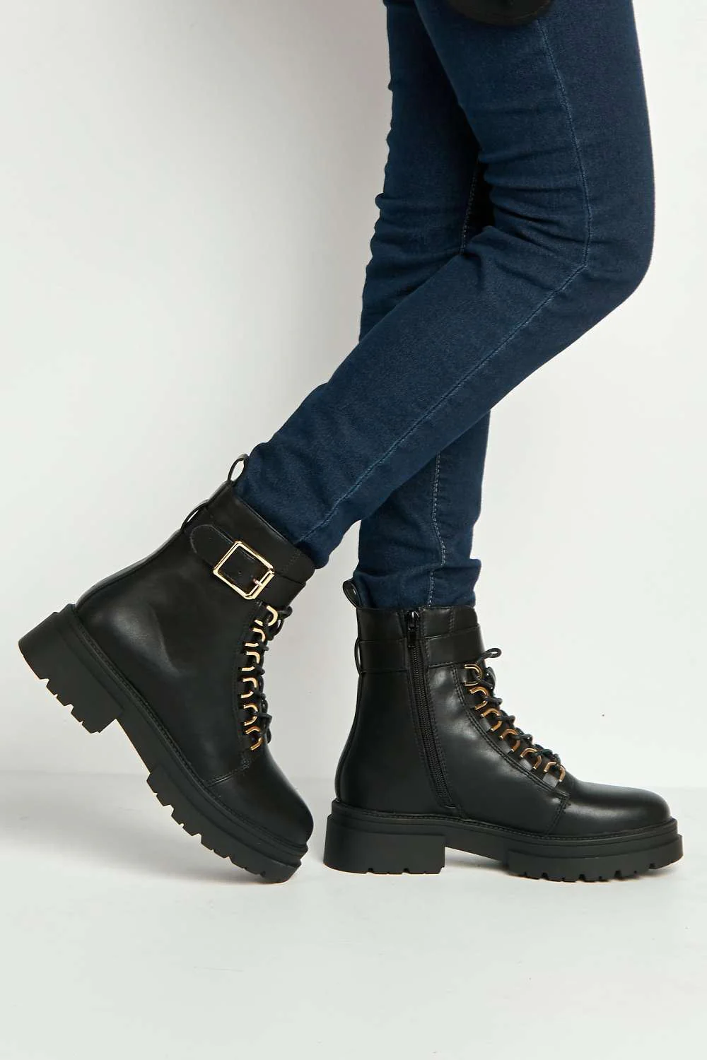 Parya Buckle Strap Detail Chunky Ankle Boots in Black Matt