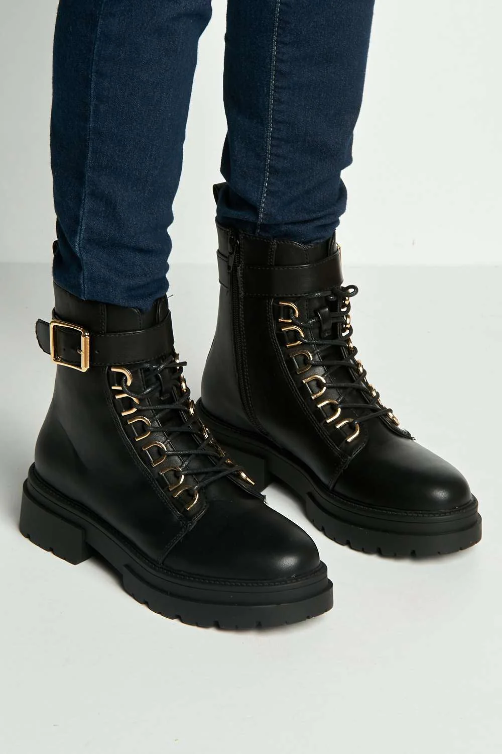 Parya Buckle Strap Detail Chunky Ankle Boots in Black Matt - Image 3