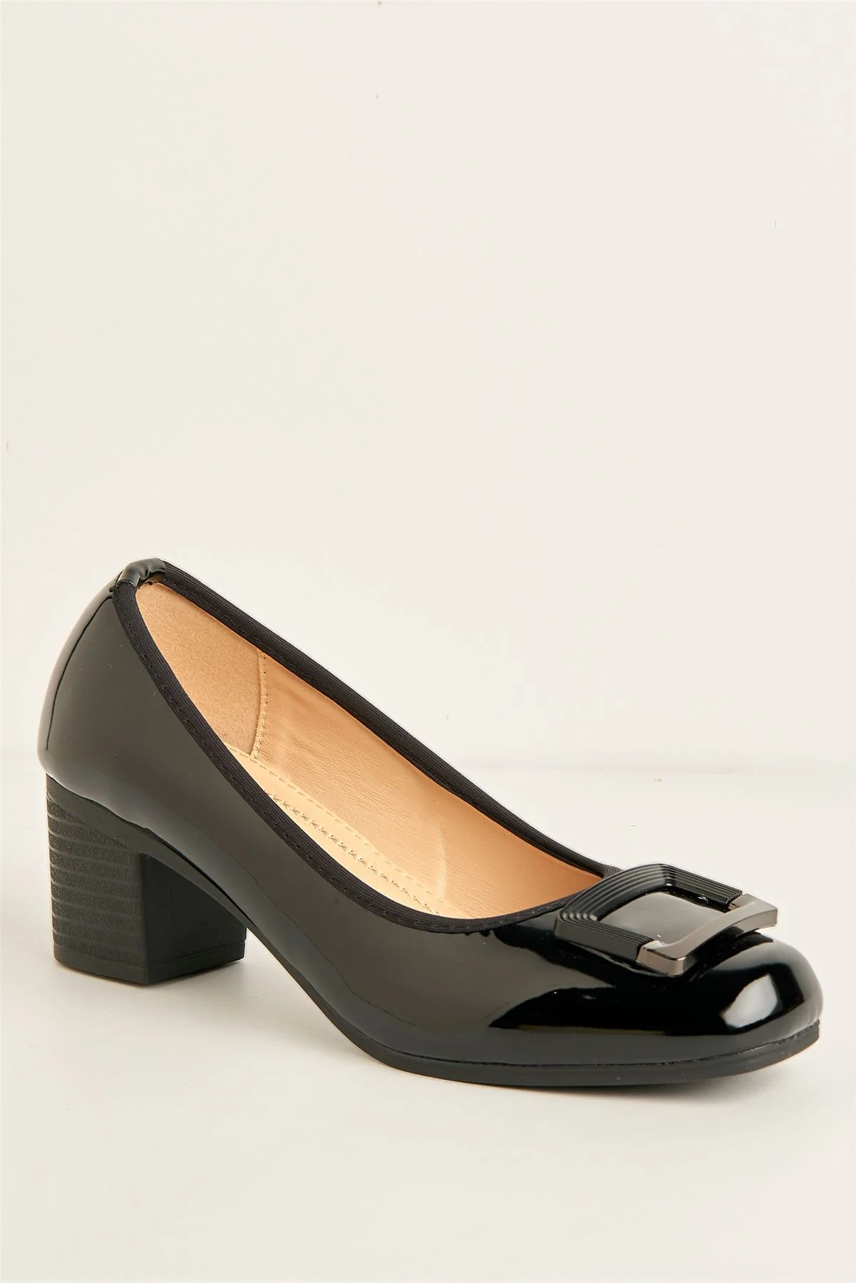 Pat Square Brooche Detail Low Heel Court Shoes in Black - Image 4