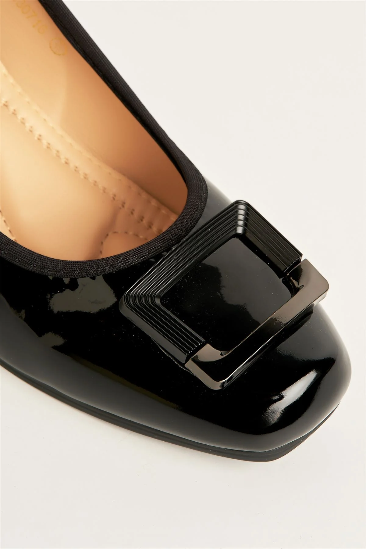 Pat Square Brooche Detail Low Heel Court Shoes in Black - Image 5