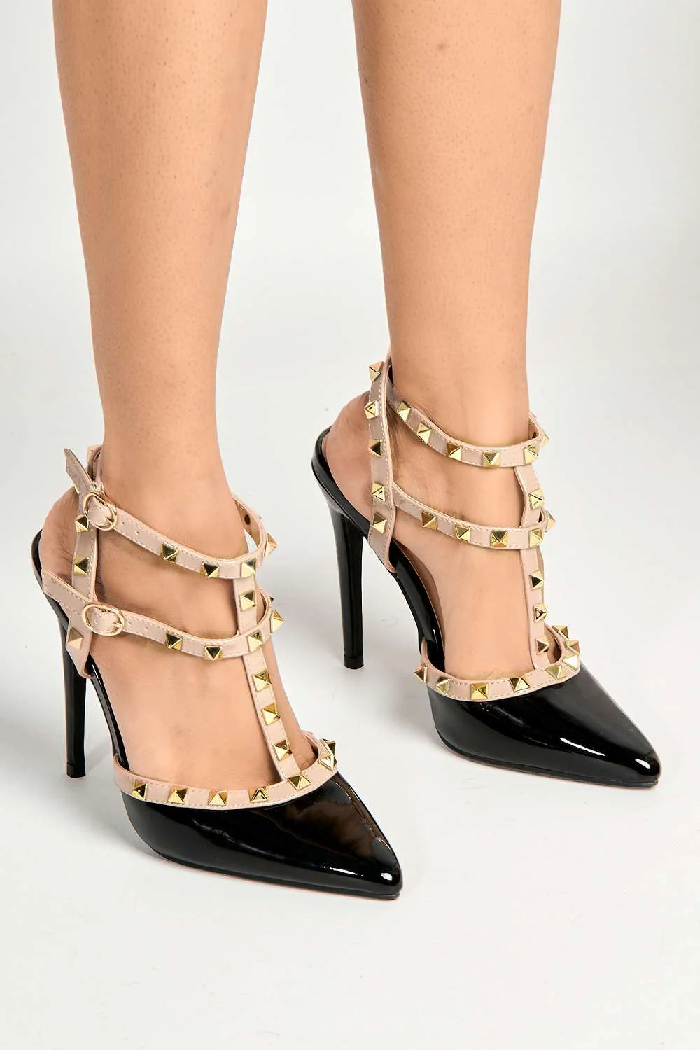 Paya Pointed Toe Studded  Ankle Strap Court Shoes in Black Patent - Image 2
