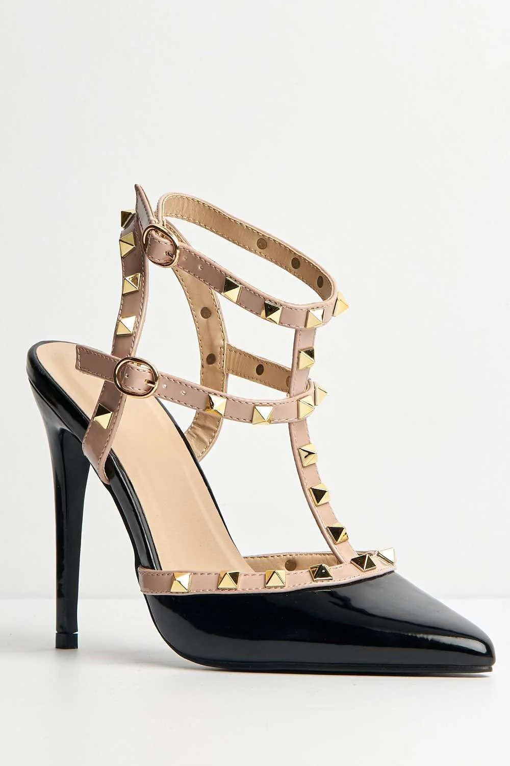 Paya Pointed Toe Studded  Ankle Strap Court Shoes in Black Patent - Image 4