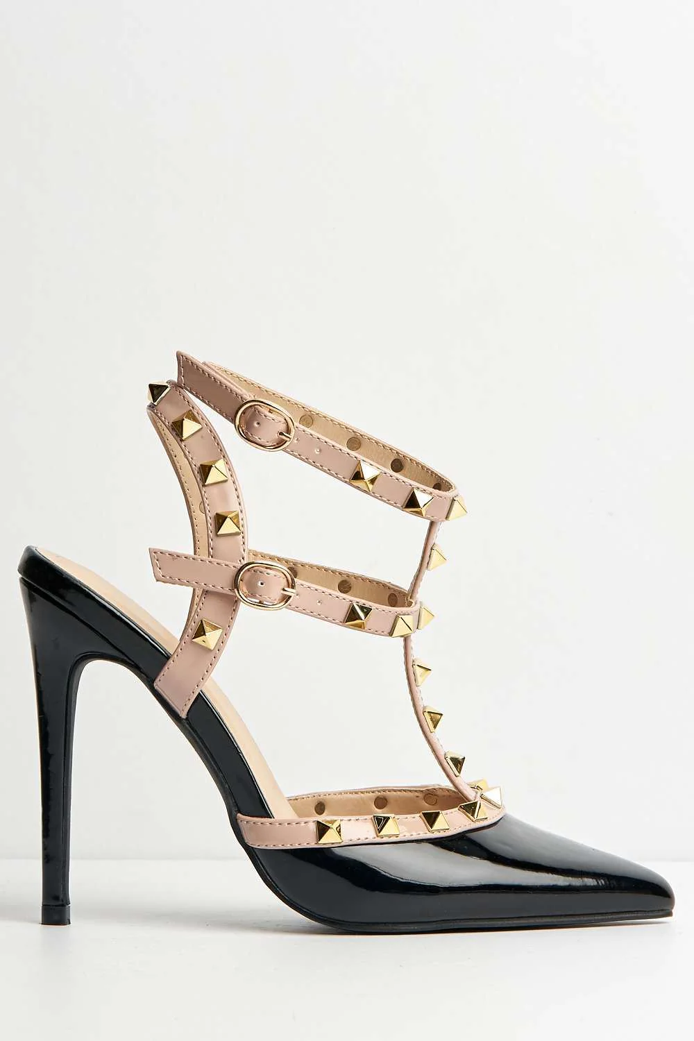 Paya Pointed Toe Studded  Ankle Strap Court Shoes in Black Patent - Image 5