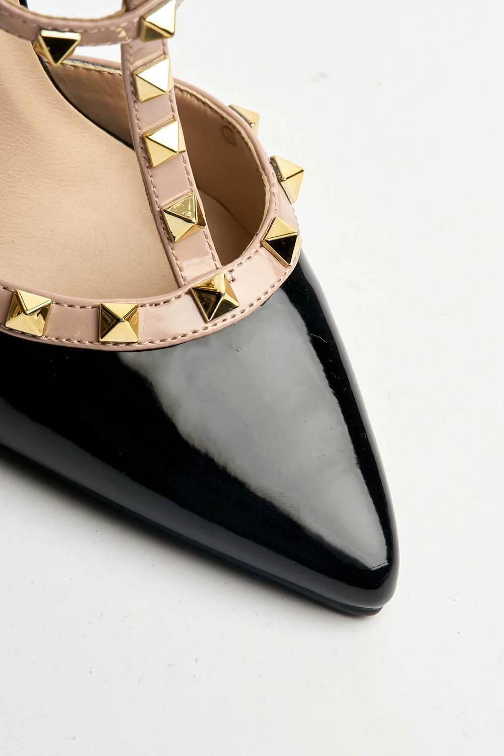 Paya Pointed Toe Studded  Ankle Strap Court Shoes in Black Patent - Image 6