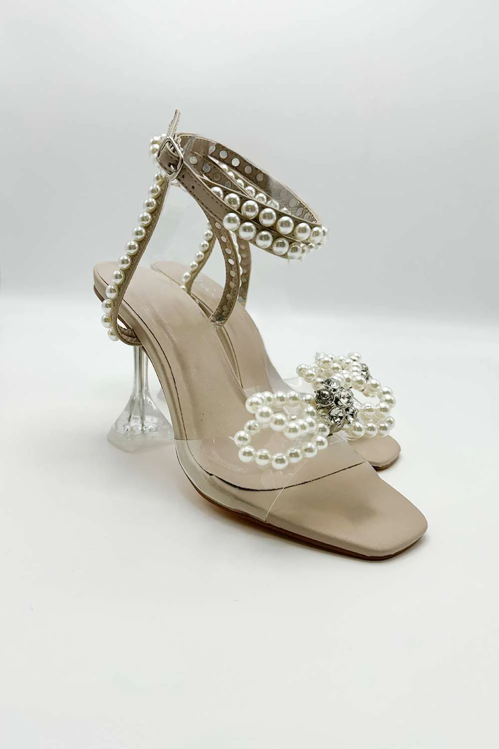 Pearlie Perspex Faux Pearl Bow Detail Heeled Sandals in Nude - Image 3