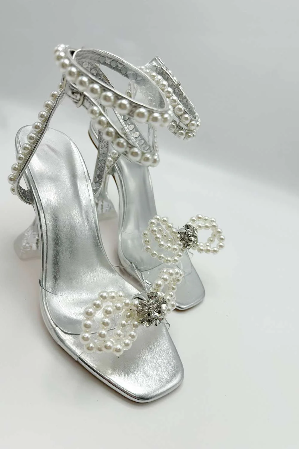 Pearlie Perspex Faux Pearl Bow Detail Heeled Sandals in Silver - Image 3