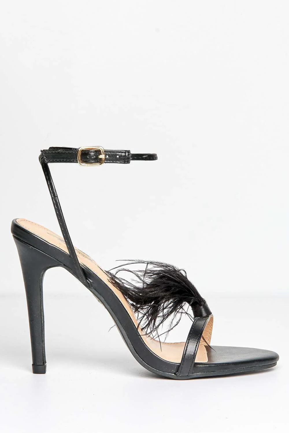 Pera Feather Detail Ankle Strap Heeled Sandals in Black - Image 4