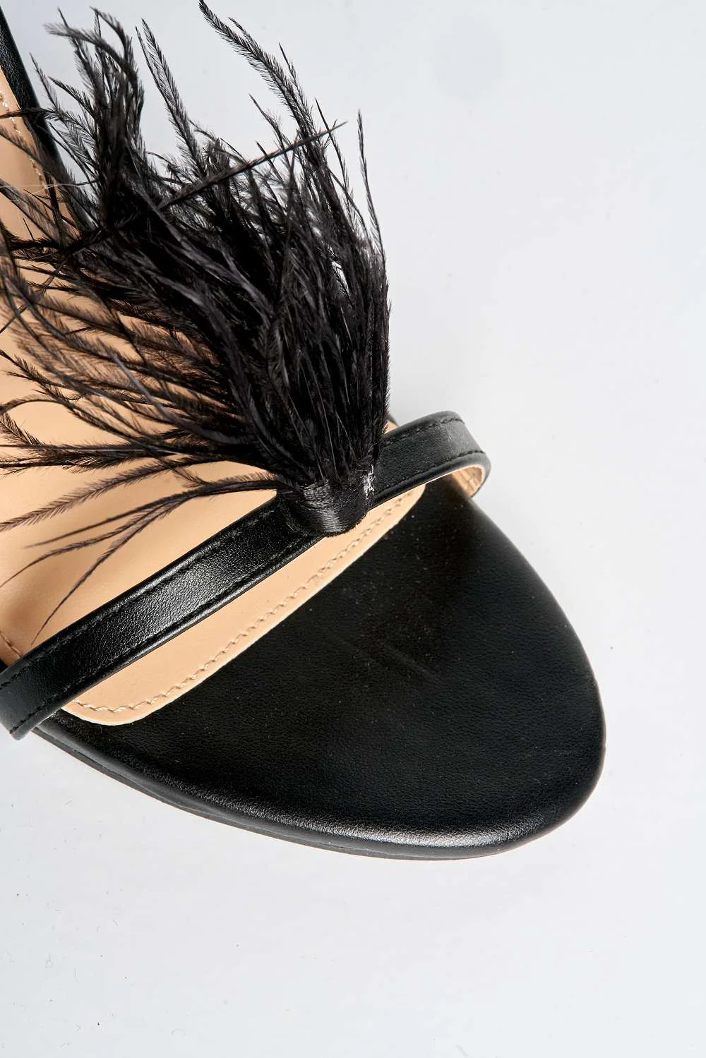 Pera Feather Detail Ankle Strap Heeled Sandals in Black - Image 5